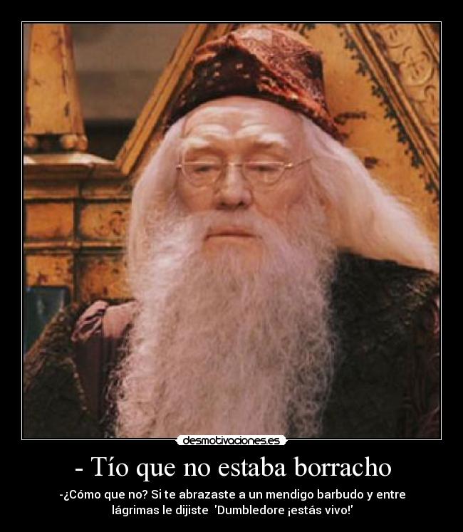 - Tío que no estaba borracho - -¿Cómo que no? Si te abrazaste a un mendigo barbudo y entre
lágrimas le dijiste  Dumbledore ¡estás vivo!