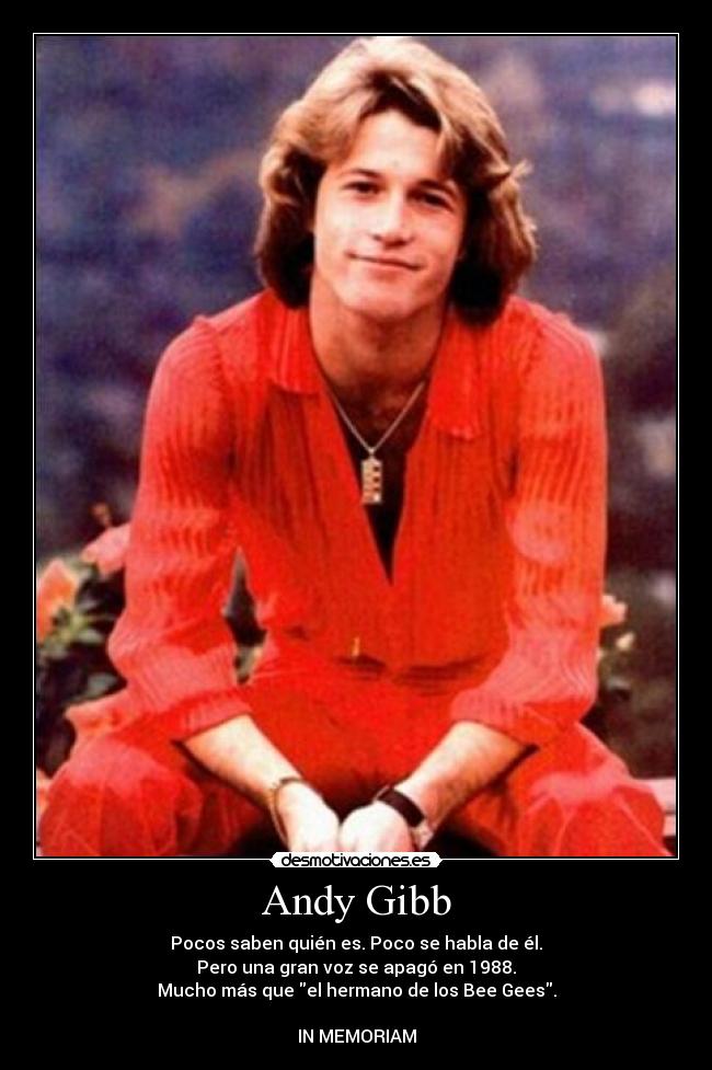 Andy Gibb - Pocos saben quién es. Poco se habla de él.
Pero una gran voz se apagó en 1988.
Mucho más que el hermano de los Bee Gees.
IN MEMORIAM