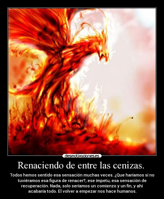 Renaciendo de entre las cenizas. - Todos hemos sentido esa sensación muchas veces. ¿Que haríamos si no
tuviéramos esa figura de renacer?, ese ímpetu, esa sensación de
recuperación. Nada, solo seríamos un comienzo y un fin, y ahí
acabaría todo. El volver a empezar nos hace humanos.