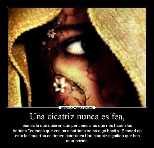 Una cicatriz nunca es fea, - eso es lo que quieren que pensemos los que nos hacen las
heridas.Tenemos que ver las cicatrices como algo bonito...Pensad en
esto:los muertos no tienen cicatrices.Una cicatriz significa que has
sobrevivido.