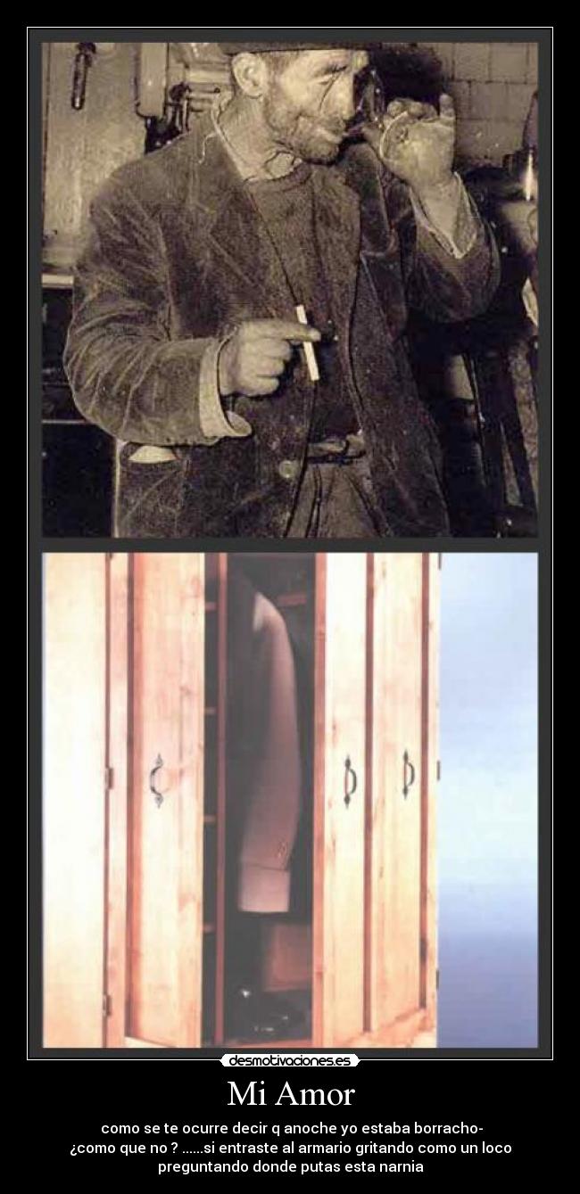 Mi Amor - como se te ocurre decir q anoche yo estaba borracho-
¿como que no ? ......si entraste al armario gritando como un loco
preguntando donde putas esta narnia