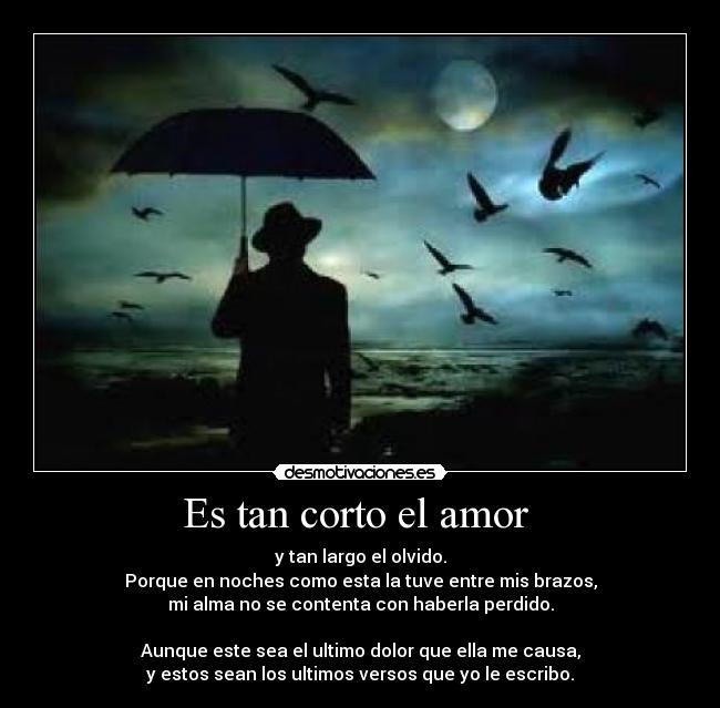 Es tan corto el amor - y tan largo el olvido.
Porque en noches como esta la tuve entre mis brazos,
mi alma no se contenta con haberla perdido.
Aunque este sea el ultimo dolor que ella me causa,
y estos sean los ultimos versos que yo le escribo.