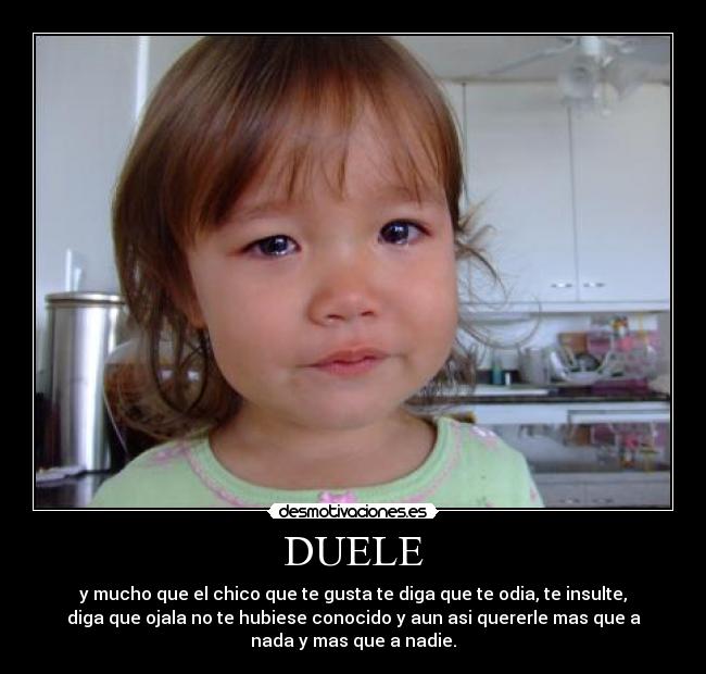 DUELE - y mucho que el chico que te gusta te diga que te odia, te insulte,
diga que ojala no te hubiese conocido y aun asi quererle mas que a
nada y mas que a nadie.