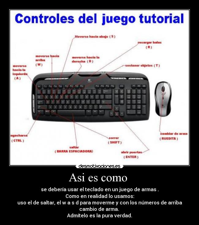 Asi es como  - se debería usar el teclado en un juego de armas .
Como en realidad lo usamos:
uso el de saltar, el w a s d para moverme y con los números de arriba
cambio de arma. 
Admítelo es la pura verdad.