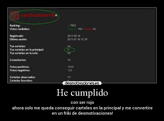 He cumplido - con ser rojo
ahora solo me queda conseguir carteles en la principal y me convertire
en un friki de desmotivaciones!