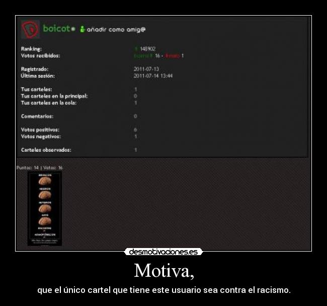 Motiva, - que el único cartel que tiene este usuario sea contra el racismo.
