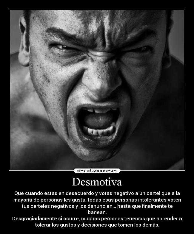 Desmotiva - Que cuando estas en desacuerdo y votas negativo a un cartel que a la
mayoría de personas les gusta, todas esas personas intolerantes voten
tus carteles negativos y los denuncien... hasta que finalmente te
banean.
Desgraciadamente si ocurre, muchas personas tenemos que aprender a
tolerar los gustos y decisiones que tomen los demás.