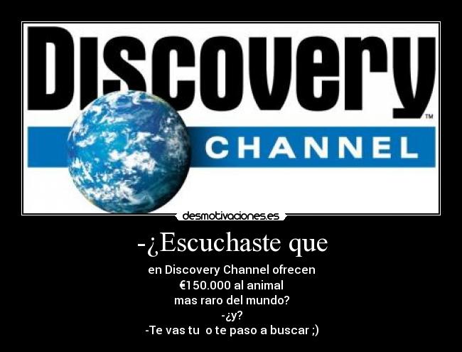 -¿Escuchaste que - en Discovery Channel ofrecen
€150.000 al animal
mas raro del mundo?
-¿y?
-Te vas tu  o te paso a buscar ;)