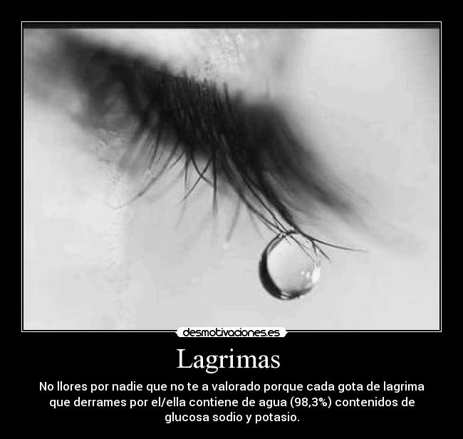 Lagrimas - No llores por nadie que no te a valorado porque cada gota de lagrima
que derrames por el/ella contiene de agua (98,3%) contenidos de
glucosa sodio y potasio.