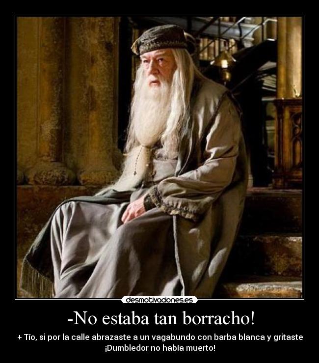 -No estaba tan borracho! - + Tío, si por la calle abrazaste a un vagabundo con barba blanca y gritaste
¡Dumbledor no había muerto!