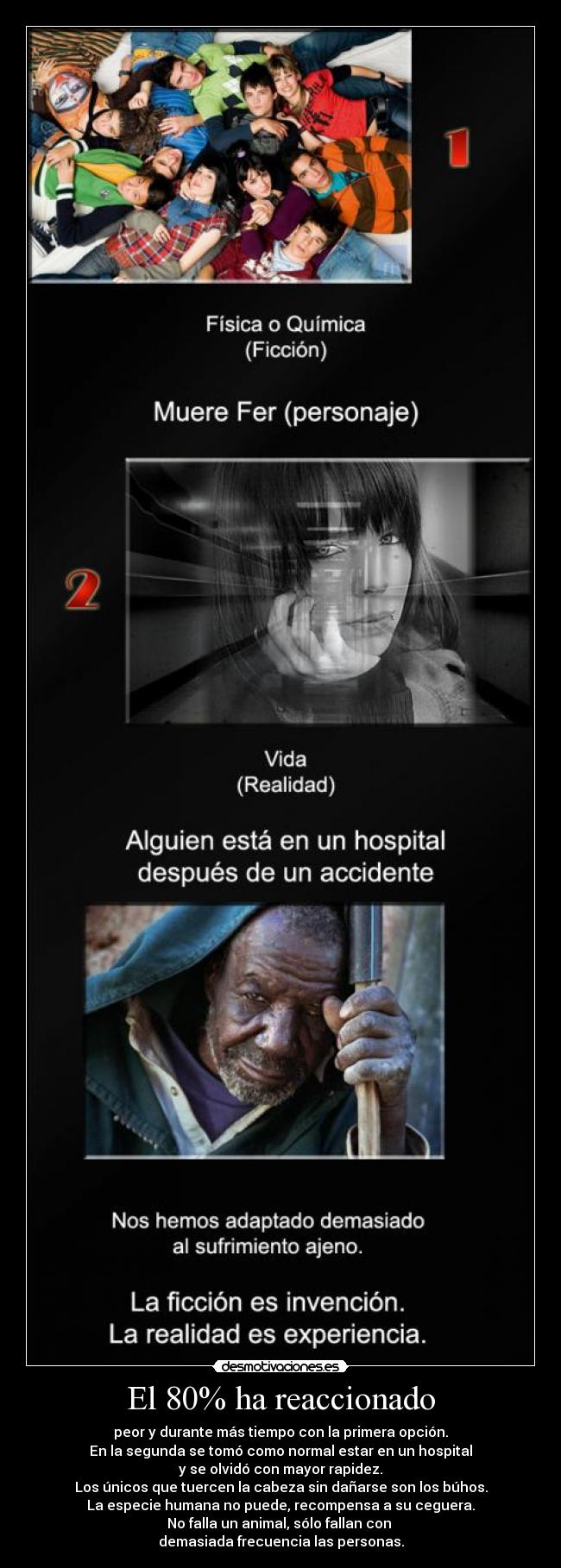 El 80% ha reaccionado - peor y durante más tiempo con la primera opción.
En la segunda se tomó como normal estar en un hospital
y se olvidó con mayor rapidez.
Los únicos que tuercen la cabeza sin dañarse son los búhos.
La especie humana no puede, recompensa a su ceguera.
No falla un animal, sólo fallan con 
demasiada frecuencia las personas.