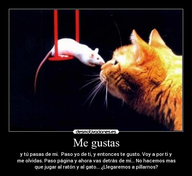 Me gustas - y tú pasas de mi.  Paso yo de ti, y entonces te gusto. Voy a por ti y
me olvidas. Paso página y ahora vas detrás de mi... No hacemos mas
que jugar al ratón y al gato... ¿Llegaremos a pillarnos?