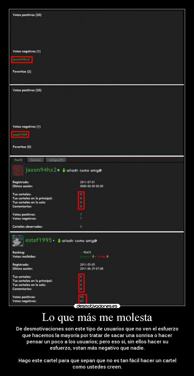Lo que más me molesta - De desmotivaciones son este tipo de usuarios que no ven el esfuerzo
que hacemos la mayoría por tratar de sacar una sonrisa o hacer
pensar un poco a los usuarios; pero eso sí, sin ellos hacer su
esfuerzo, votan más negativo que nadie.

Hago este cartel para que sepan que no es tan fácil hacer un cartel
como ustedes creen.