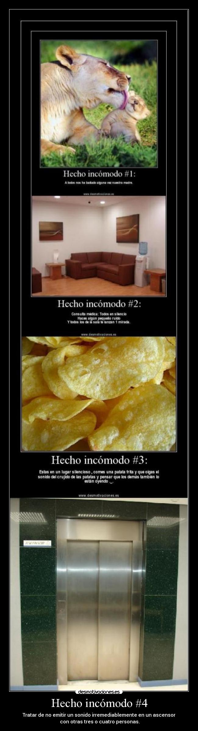 Hecho incómodo #4 - Tratar de no emitir un sonido irremediablemente en un ascensor
 con otras tres o cuatro personas.