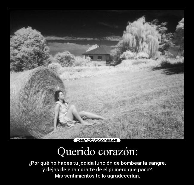 Querido corazón: - ¿Por qué no haces tu jodida función de bombear la sangre,
y dejas de enamorarte de el primero que pasa?
Mis sentimientos te lo agradecerían.