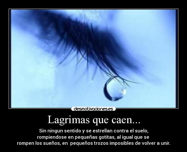 Lagrimas que caen... - Sin ningun sentido y se estrellan contra el suelo,
rompiendose en pequeñas gotitas, al igual que se 
rompen los sueños, en  pequeños trozos imposibles de volver a unir.