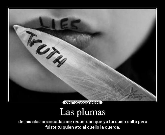 Las plumas - de mis alas arrancadas me recuerdan que yo fui quien saltó pero
fuiste tú quien ato al cuello la cuerda.