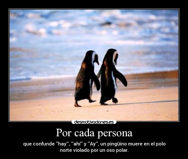 Por cada persona - que confunde hay, ahí y Ay, un pingüino muere en el polo
norte violado por un oso polar.
