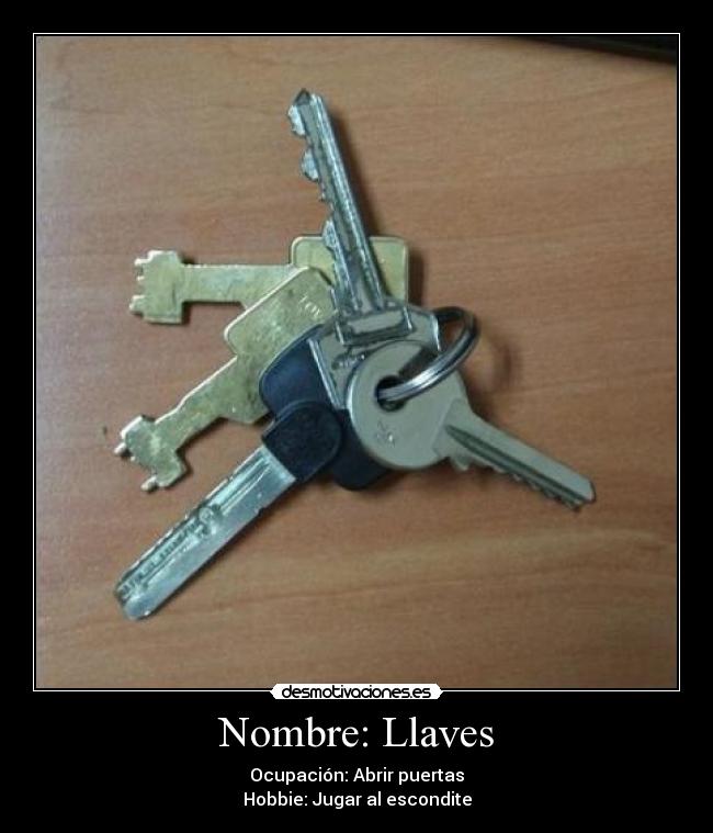 Nombre: Llaves - Ocupación: Abrir puertas
Hobbie: Jugar al escondite