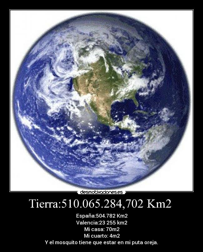 Tierra:510.065.284,702 Km2 - España:504.782 Km2
Valencia:23 255 km2
Mi casa: 70m2
Mi cuarto: 4m2
Y el mosquito tiene que estar en mi puta oreja.