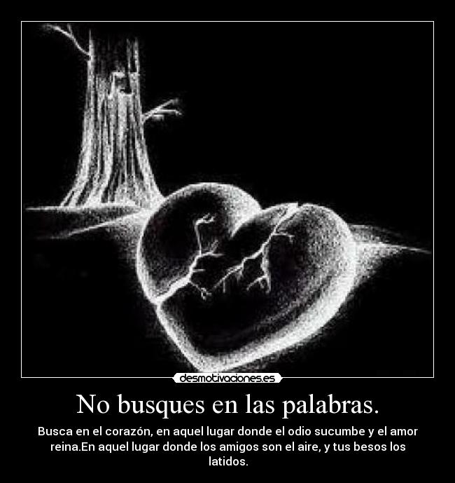 No busques en las palabras. - Busca en el corazón, en aquel lugar donde el odio sucumbe y el amor
reina.En aquel lugar donde los amigos son el aire, y tus besos los
latidos.