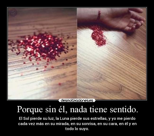 Porque sin él, nada tiene sentido. - El Sol pierde su luz, la Luna pierde sus estrellas, y yo me pierdo
cada vez más en su mirada, en su sonrisa, en su cara, en él y en
todo lo suyo.