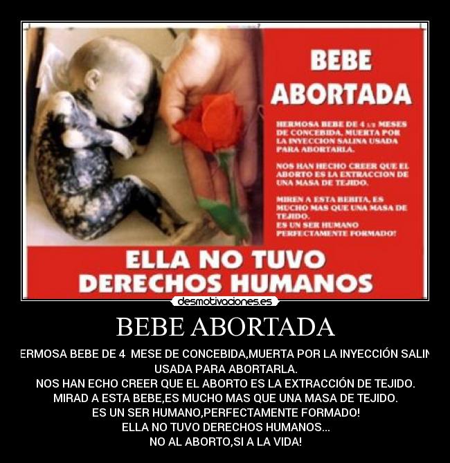 BEBE ABORTADA - HERMOSA BEBE DE 4  MESE DE CONCEBIDA,MUERTA POR LA INYECCIÓN SALINA
USADA PARA ABORTARLA.
NOS HAN ECHO CREER QUE EL ABORTO ES LA EXTRACCIÓN DE TEJIDO.
MIRAD A ESTA BEBE,ES MUCHO MAS QUE UNA MASA DE TEJIDO.
ES UN SER HUMANO,PERFECTAMENTE FORMADO!
ELLA NO TUVO DERECHOS HUMANOS...
NO AL ABORTO,SI A LA VIDA!