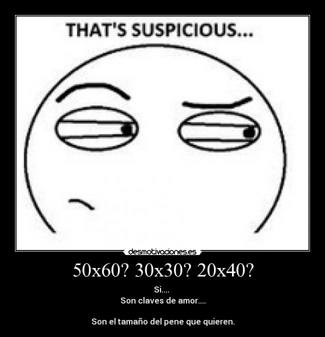 50x60? 30x30? 20x40? - Si....
Son claves de amor....
Son el tamaño del pene que quieren.