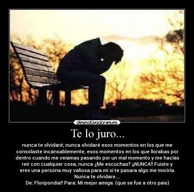 Te lo juro... - nunca te olvidaré; nunca olvidaré esos momentos en los que me
consolaste incansablemente, esos momentos en los que llorabas por
dentro cuando me veíamas pasando por un mal momento y me hacías
reír con cualquier cosa, nunca ¿Me escuchas? ¡¡NUNCA!! Fuiste y
eres una persona muy valiosa para mi si te pasara algo me moriría.
Nunca te olvidare....
De: Floripondia!! Para: Mi mejor amiga. (que se fue a otro pais)