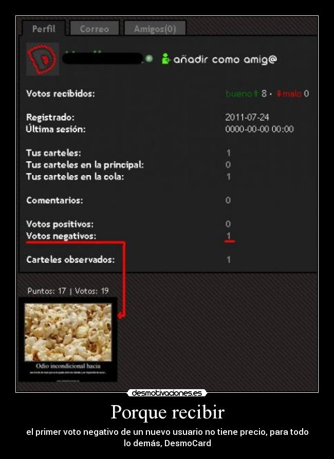 Porque recibir - el primer voto negativo de un nuevo usuario no tiene precio, para todo
lo demás, DesmoCard