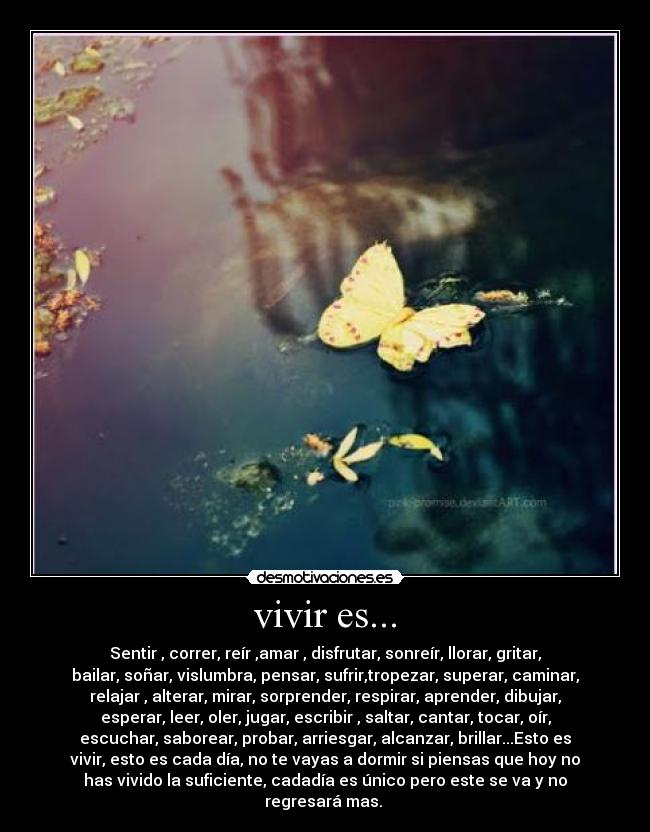 vivir es... - Sentir , correr, reír ,amar , disfrutar, sonreír, llorar, gritar,
bailar, soñar, vislumbra, pensar, sufrir,tropezar, superar, caminar,
relajar , alterar, mirar, sorprender, respirar, aprender, dibujar,
esperar, leer, oler, jugar, escribir , saltar, cantar, tocar, oír,
escuchar, saborear, probar, arriesgar, alcanzar, brillar...Esto es
vivir, esto es cada día, no te vayas a dormir si piensas que hoy no
has vivido la suficiente, cadadía es único pero este se va y no
regresará mas.