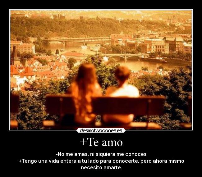 +Te amo - -No me amas, ni siquiera me conoces
+Tengo una vida entera a tu lado para conocerte, pero ahora mismo necesito amarte.