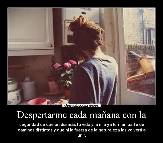 Despertarme cada mañana con la - seguridad de que un día más tu vida y la mía ya forman parte de
caminos distintos y que ni la fuerza de la naturaleza los volverá a
unir.