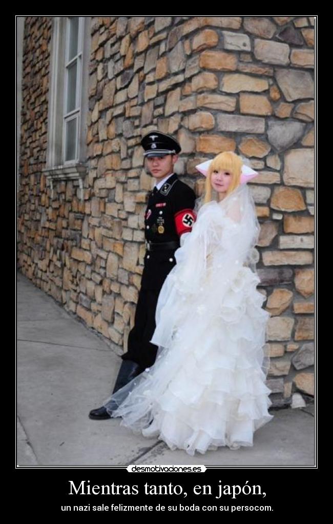 Mientras tanto, en japón, - un nazi sale felizmente de su boda con su persocom.