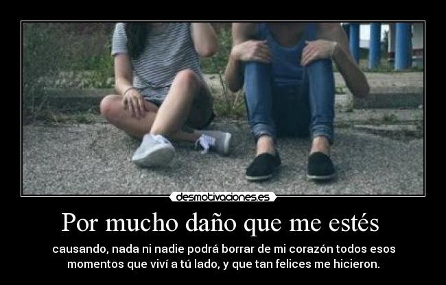 Por mucho daño que me estés - causando, nada ni nadie podrá borrar de mi corazón todos esos
momentos que viví a tú lado, y que tan felices me hicieron.