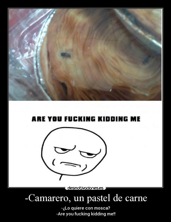 -Camarero, un pastel de carne - -¿Lo quiere con mosca?
-Are you fucking kidding me!!