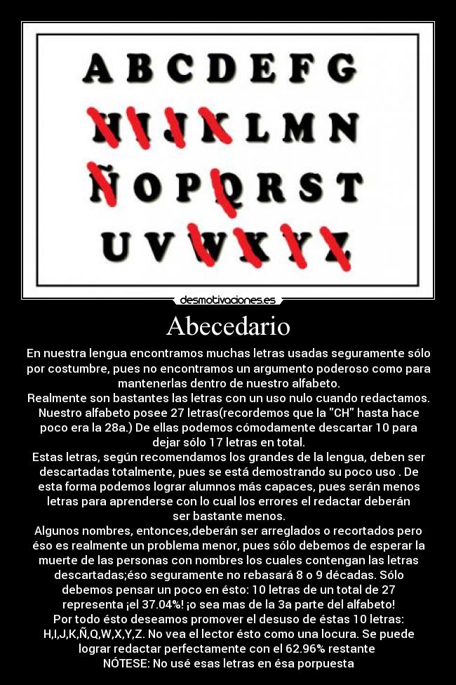 Abecedario - En nuestra lengua encontramos muchas letras usadas seguramente sólo
por costumbre, pues no encontramos un argumento poderoso como para
mantenerlas dentro de nuestro alfabeto.
Realmente son bastantes las letras con un uso nulo cuando redactamos.
Nuestro alfabeto posee 27 letras(recordemos que la CH hasta hace
poco era la 28a.) De ellas podemos cómodamente descartar 10 para
dejar sólo 17 letras en total.
Estas letras, según recomendamos los grandes de la lengua, deben ser
descartadas totalmente, pues se está demostrando su poco uso . De
esta forma podemos lograr alumnos más capaces, pues serán menos
letras para aprenderse con lo cual los errores el redactar deberán
ser bastante menos.
Algunos nombres, entonces,deberán ser arreglados o recortados pero
éso es realmente un problema menor, pues sólo debemos de esperar la
muerte de las personas con nombres los cuales contengan las letras
descartadas;éso seguramente no rebasará 8 o 9 décadas. Sólo
debemos pensar un poco en ésto: 10 letras de un total de 27
representa ¡el 37.04%! ¡o sea mas de la 3a parte del alfabeto!
Por todo ésto deseamos promover el desuso de éstas 10 letras:
H,I,J,K,Ñ,Q,W,X,Y,Z. No vea el lector ésto como una locura. Se puede
lograr redactar perfectamente con el 62.96% restante
NÓTESE: No usé esas letras en ésa porpuesta