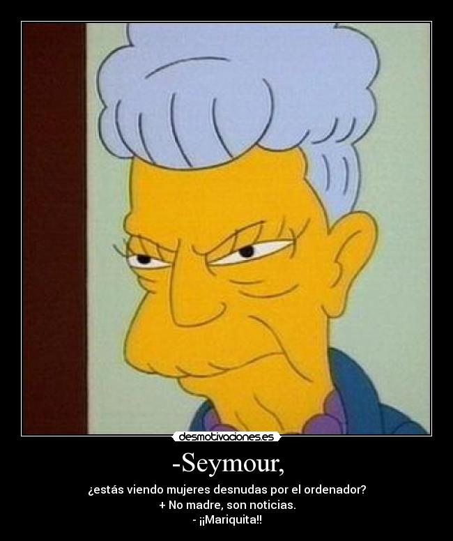 -Seymour, - ¿estás viendo mujeres desnudas por el ordenador?
+ No madre, son noticias.
- ¡¡Mariquita!!