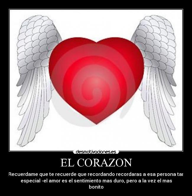 EL CORAZON - Recuerdame que te recuerde que recordando recordaras a esa persona tan
especial -el amor es el sentimiento mas duro, pero a la vez el mas
bonito