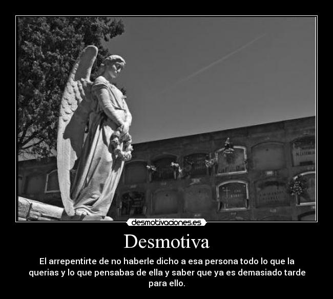 Desmotiva - El arrepentirte de no haberle dicho a esa persona todo lo que la
querias y lo que pensabas de ella y saber que ya es demasiado tarde
para ello.