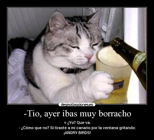 -Tio, ayer ibas muy borracho - + ¿Yo? Que va.
- ¿Cómo que no? Si tiraste a mi canario por la ventana gritando: ¡ANGRY BIRDS!