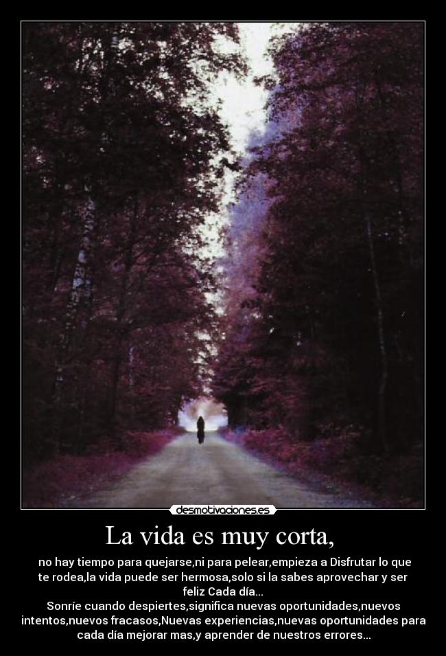 La vida es muy corta,  -  no hay tiempo para quejarse,ni para pelear,empieza a Disfrutar lo que
te rodea,la vida puede ser hermosa,solo si la sabes aprovechar y ser
feliz Cada día...
Sonríe cuando despiertes,significa nuevas oportunidades,nuevos
intentos,nuevos fracasos,Nuevas experiencias,nuevas oportunidades para
cada día mejorar mas,y aprender de nuestros errores...
