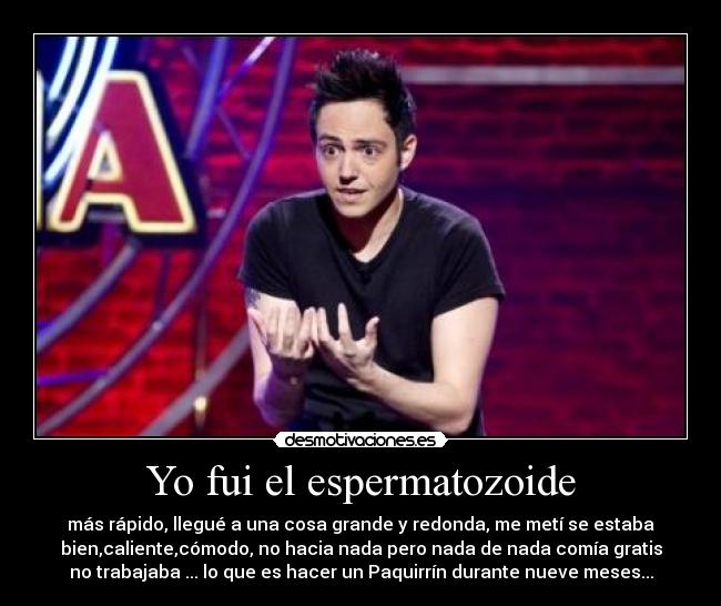 Yo fui el espermatozoide - más rápido, llegué a una cosa grande y redonda, me metí se estaba
bien,caliente,cómodo, no hacia nada pero nada de nada comía gratis
no trabajaba ... lo que es hacer un Paquirrín durante nueve meses...