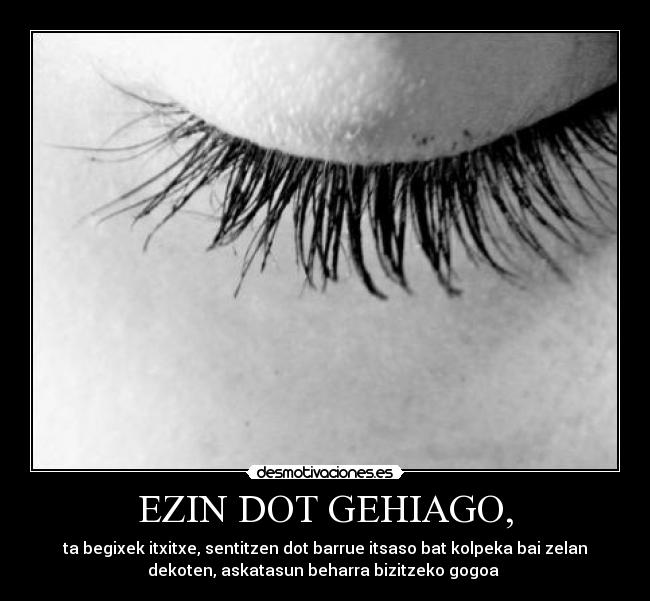 EZIN DOT GEHIAGO, - ta begixek itxitxe, sentitzen dot barrue itsaso bat kolpeka bai zelan
dekoten, askatasun beharra bizitzeko gogoa