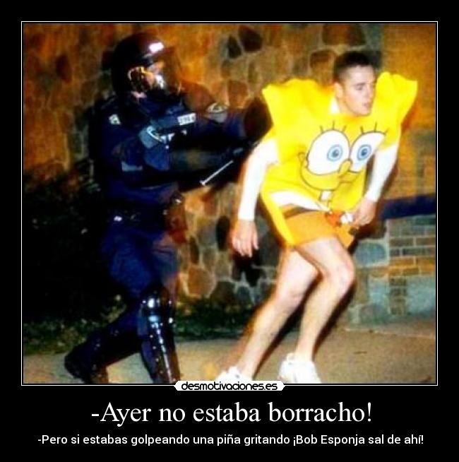 -Ayer no estaba borracho! - -Pero si estabas golpeando una piña gritando ¡Bob Esponja sal de ahí!