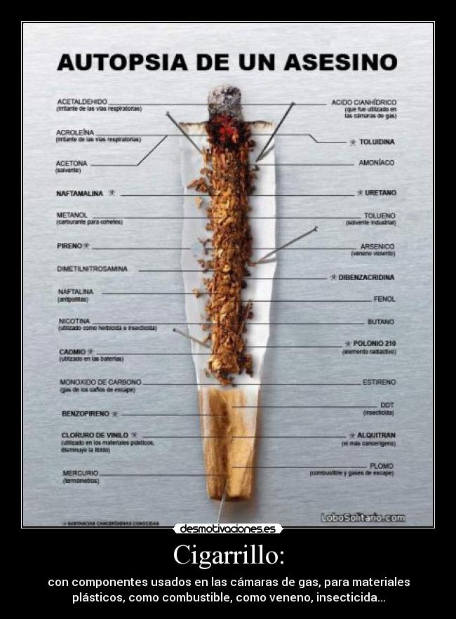 Cigarrillo: - con componentes usados en las cámaras de gas, para materiales
plásticos, como combustible, como veneno, insecticida...