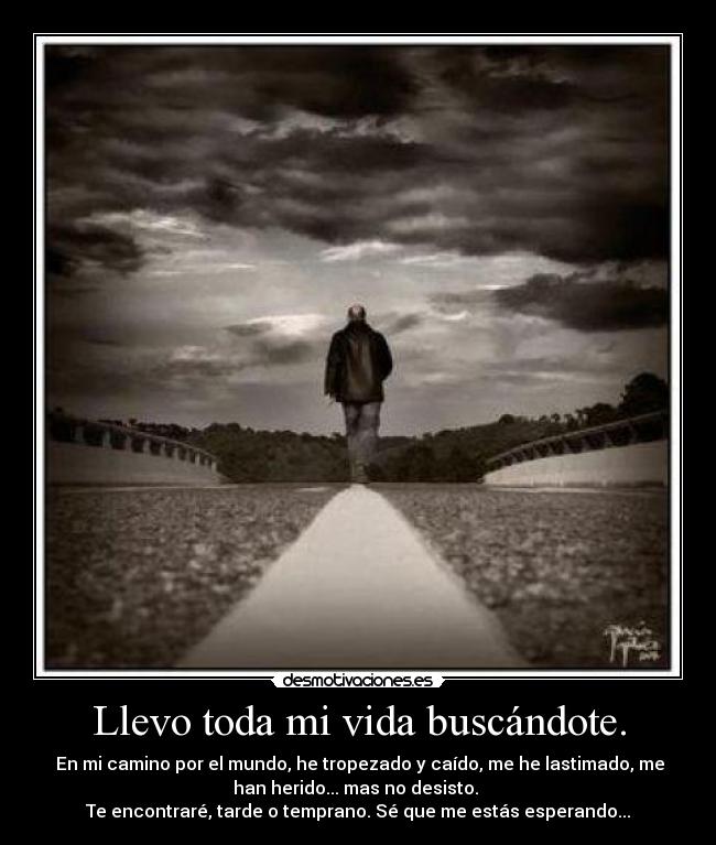 Llevo toda mi vida buscándote. - En mi camino por el mundo, he tropezado y caído, me he lastimado, me
han herido... mas no desisto.
Te encontraré, tarde o temprano. Sé que me estás esperando...