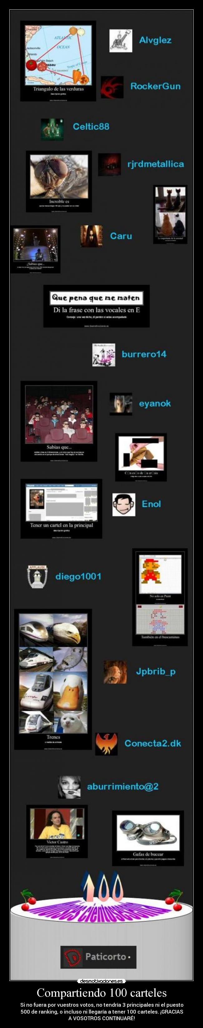 Compartiendo 100 carteles - Si no fuera por vuestros votos, no tendría 3 principales ni el puesto
500 de ranking, o incluso ni llegaría a tener 100 carteles. ¡GRACIAS
A VOSOTROS CONTINUARÉ!