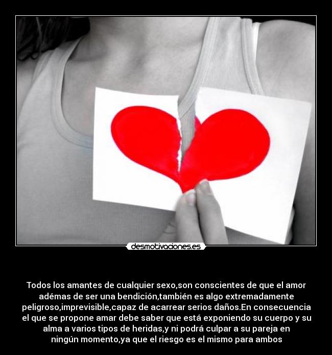    - Todos los amantes de cualquier sexo,son conscientes de que el amor
adémas de ser una bendición,también es algo extremadamente
peligroso,imprevisible,capaz de acarrear serios daños.En consecuencia
el que se propone amar debe saber que está exponiendo su cuerpo y su
alma a varios tipos de heridas,y ni podrá culpar a su pareja en
ningún momento,ya que el riesgo es el mismo para ambos