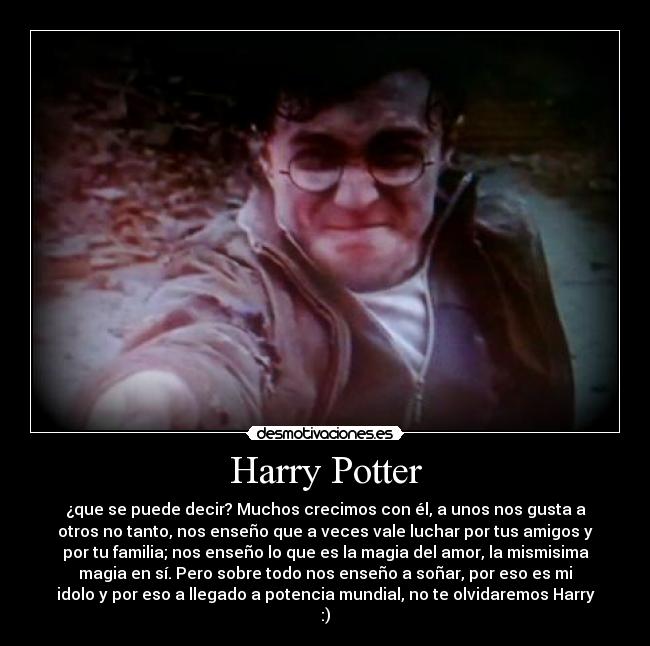 Harry Potter - ¿que se puede decir? Muchos crecimos con él, a unos nos gusta a
otros no tanto, nos enseño que a veces vale luchar por tus amigos y
por tu familia; nos enseño lo que es la magia del amor, la mismisima
magia en sí. Pero sobre todo nos enseño a soñar, por eso es mi
idolo y por eso a llegado a potencia mundial, no te olvidaremos Harry
:)